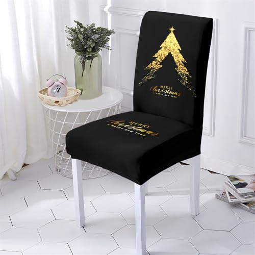 Hiseng Weihnachten Stuhlhussen, Frohes Neues Jahr Stretch Universale Stuhlbezug, Abnehmbare Waschbar Hussen für Stühle, Stuhlbezüge für Hotel, Restaurant, Küche, Partys Deko (4 Stücke,Gold)