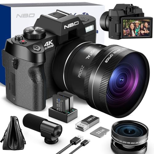 NBD 4K Digital Cameras for Photography - 48MP/60FPS Video Camera for Vlogging, WiFi & App Control, YouTube Vlogging Camera with 32GB TF Card. Wide-Angle & Macro Lens Included (Black)