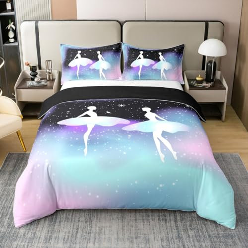 Dreamy Ballet 100% Baumwolle Bettbezug 135x200,Tanz Elegante Ballerina Tröster Abdeckung für Bett,Starry Sky Druck Weiche Bettwäsche Set für Kinder Jungen Mädchen,Glänzende Ombre Galaxy Bettbezug