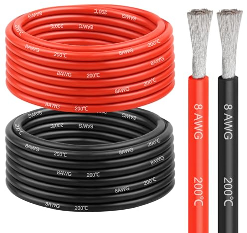 8 Gauge Silicone Wire (25ft Red & 25ft Black), 8 AWG Electrical Cable 0.08mm Tinned Copper Core High Temperature Resistant Wire, Soft and Flexible for RC Cars, Boat, Drones etc