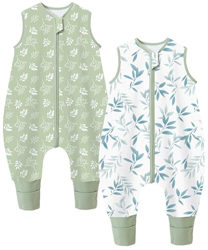 Teechodina Baby Schlafsack mit Füßen 2er Pack 100% Baumwolle 1.5 Tog Kinder Ganzjahres Schlafsack mit Beinen für Jungen Mädchen, 1.5 Tog/Pflanzen Set, 80cm/Baby Höhe 85-95cm