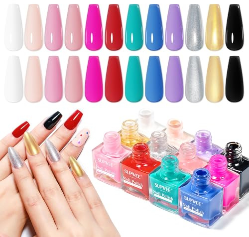 SUPWEE Quick Dry Nail Polish Set, 12 Colour Air Fast Dry Nail Polish | Pink Red White Black Oil Based Regular Nail Varnish Non Gel Fingernail Toe for Gift and Women Salon DIY Art
