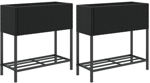Geecher Fioriere da Giardino, con Ripiani per Accessori e Terriccio, 70x28x70 cm, in Polyrattan Nero su Struttura in Acciaio, per Esterno e Balconi