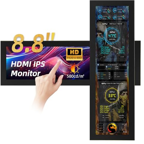 iPitstBit Monitor Touchscreen 8,8 Pollici, 1920x480 Display Temperatura PC, Display Pannello Sensori PC, IPS USB Mini Schermo per Raspberry Pi, Monitor Dati CPU RAM AIDA64 ARGB Case PC