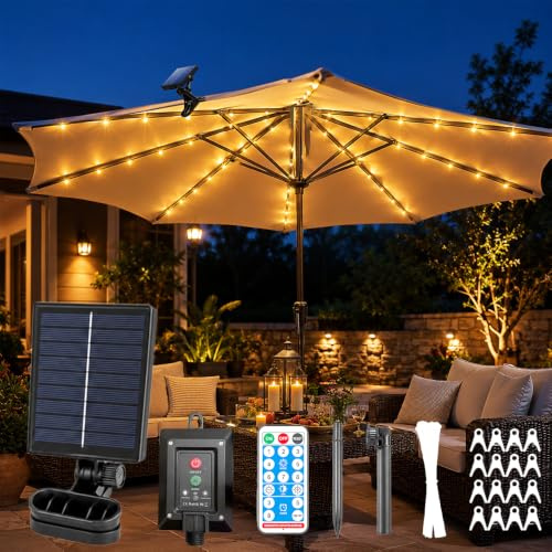 SGZIOO - Illuminazione solare per ombrellone, con 104 LED e 8 modalità, telecomando e clip, catena luminosa impermeabile, per campeggio, tenda esterna
