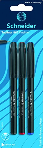 Schneider Fineliner Topliner 967, Strichstärke 0,4 mm, 3 Stück (blau, rot, schwarz)