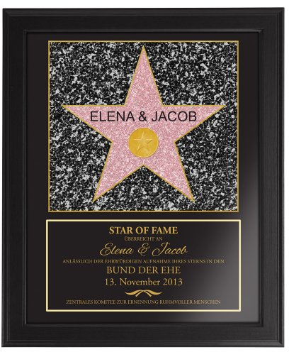 Casa Vivente Star Of Fame zur Hochzeit, Hollywood Stern, Urkunde, Wanddeko im dunklen Bilderrahmen, Personalisiert mit Namen und Datum, Druck gerahmt, Originelles Hochzeitsgeschenk