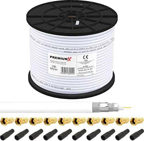 Premium X 100m BASIC Koaxialkabel 135dB 4-fach SAT Antennenkabel Koax-Kabel RG6 Satellitenkabel 10x F-Stecker Tülle 0,35 EUR/m