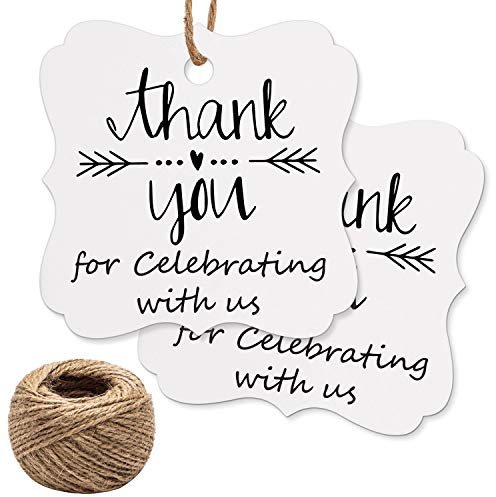 Lot de 100 étiquettes de remerciement pour célébrer avec nous, blanches pour mariage, anniversaire, fête prénatale, étiquettes cadeaux en papier avec corde de jute de 100 m