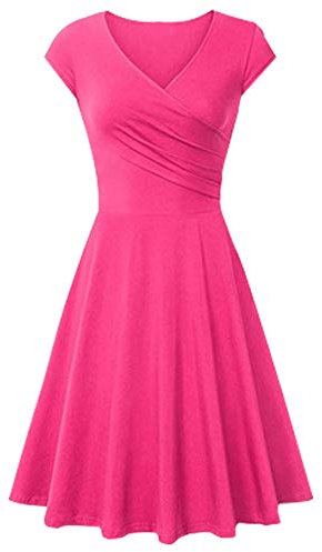 YMING Femme Robe trapèze décontractée à Manches Courtes Robe évasée à col en V Rose L