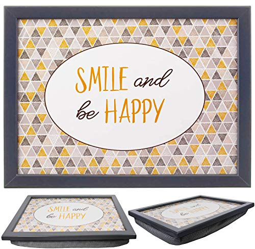 MTS Wooden Lap Trays with Bean Bag Cushion - Smile And Be Happy Design - Large Padded Tray for Kids and Adults - Suitable for Food, Art, Studies, TV, Sofa, Bed - Great Gift for Family