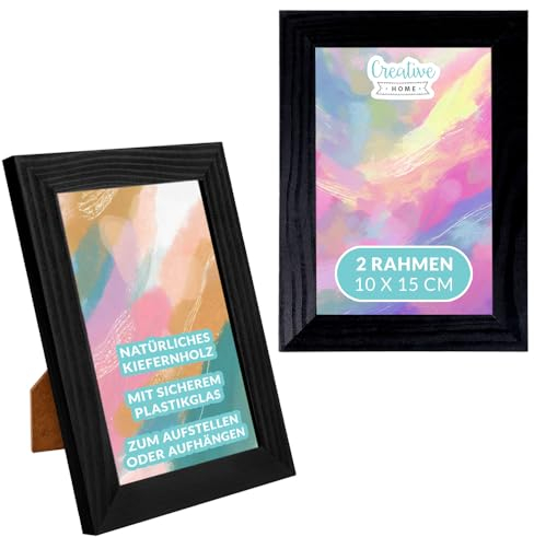 Creative Home 2er Schwarz Bilderrahmen 10x15 cm Set | Unlackiert Fotorahmen aus Kiefern-Holz | mit Rückwand zum Auf-Stellen und Auf-Hängen | Portrait-Rahmen | Geschenk | 2er-Pack