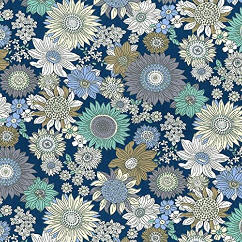 100% Cotton Poplin Fabric Rose & Hubble Bobby's Sunflowers Floral Flower - Copen (Price Per Metre)