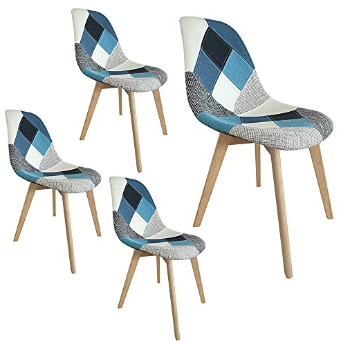 Patchwork-Polsterstühle, Esszimmerstühle, Bürostuhl, Set mit 2, 4 oder 6 Stühlen mit Holzbeinen (blau, 4)