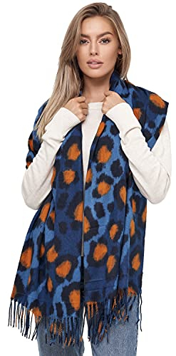 Glamexx24 Damen XXL Schal Kuscheliger warmer Leoparden Muster 3 farbiger Fransen Poncho Schal Oversized Deckenschal