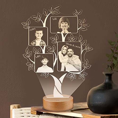 Lampephoto.fr, Lampe photo personnalisée arbre famille,idée cadeau famille, Cadeau Photo et Texte Personnalisable, Lampe Photo Gravure laser sur plexiglass, objet personnalisé avec photo (arbre)