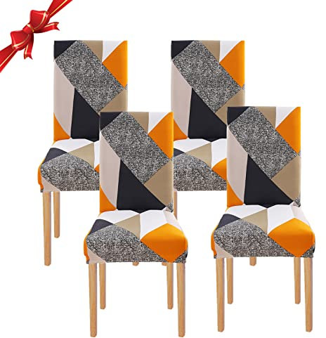Jaotto Stuhlhussen 4 Stück Universal, Stuhlhusse Stretch 4er Set Moderne, Stuhlhussen Schwingstühle Elastische Langlebig Stuhlhussen für Esszimmer Bankett Deko(Orangefarbene Geometrie,4 Stück)