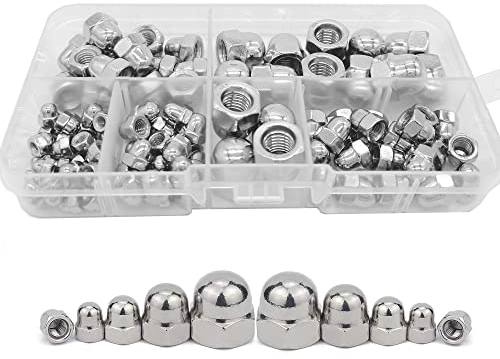 WeqeYent 100 Pezzi Dadi Ciechi Esagonali con Testa a Cupola in Acciaio Inossidabile Dado a Cappuccio Dadi Esagonali Kit assortito, M8 M6 M5 M4 M3, Bloccaggio Dado a Testa Tonda(Argento)