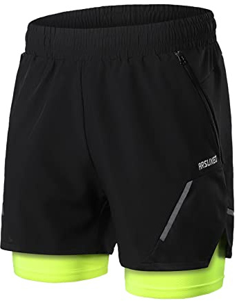 ARSUXEO Laufshorts Herren Laufhosen 2 in 1 Trainingsshorts Kurze Turnhose mit Mesh Liner Reißverschlusstaschen B210 schwarz grün L