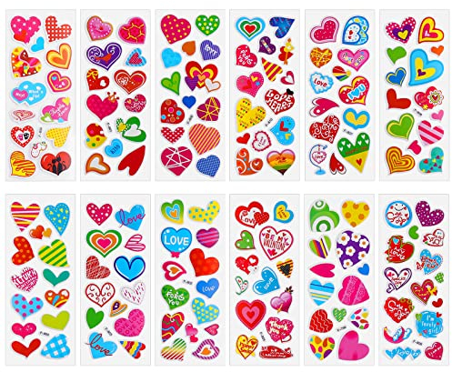 Cobee 3D Liebes Herz Aufkleber für Kinder, 12 Bögen Bunte Puffy Aufkleber Liebes Aufkleber für Kinder Herz dekorative Aufkleber Lehrer Belohnungs Aufkleber für Jungen Mädchen Bastelparty