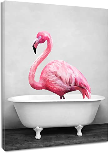 LB Wandbilder Rosa Flamingo Wanddruck Niedlicher Vogel in der Badewanne Leinwand Bilder Grau Schwarz Poster für Wohnzimmer Schlafzimmer Badezimmer Wand Deko,40x50cm Gerahmt