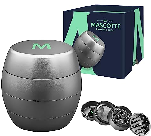 Mascotte® Design Grinder Aluminium | Crusher für Kräuter | Kompakte Mühle mit 4cm Durchmesser | Gewürzmühle für Gewürze und Herb | 4-Teiliges Set mit Pollenschaber