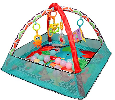 XUANYU Baby-Spielmatte mit Bällebad, Spieldecke mit Spielbogen, Spielmatte Baby Faltbar, Krabbeldecke Lernspielzeug ab 0 Monaten (Blau C)