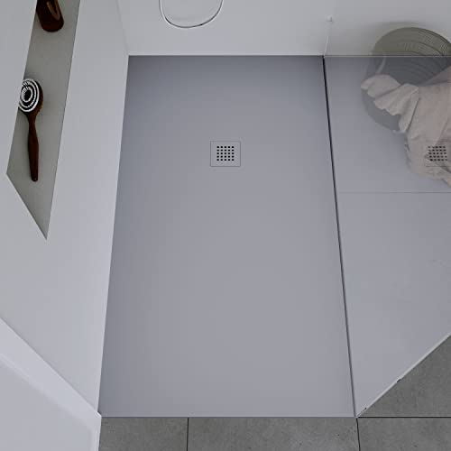 DURAVIT Duschtasse 140x90 cm, Flache Bauhöhe, Duschwanne DuraBayas in Hellgrau Matt aus Mineralguss mit integriertem Ablaufdeckel, Duschbecken mit Gefälle