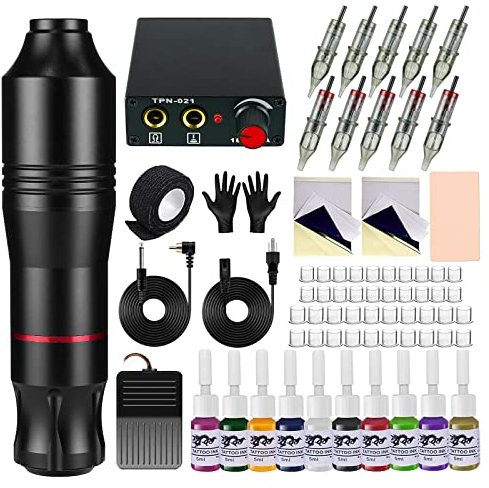 Blackbudda Tattoo Anfänger Set, Rotary Tattoo Machine Set für Profis mit Power und Pigment, 10 Stück Patronen Nadeln(Schwarz)