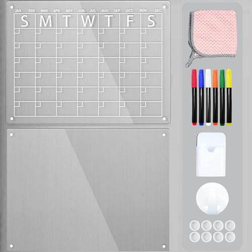 Acrylic Magnetic Dry Erase Calendar Board for Fridge, Clear 2 Set Reusable Weekly&Monthly Planner Board, Includes 6 Dry Erase Markers with 6 Colors&Magnetic Pen Holder (16”x12)
