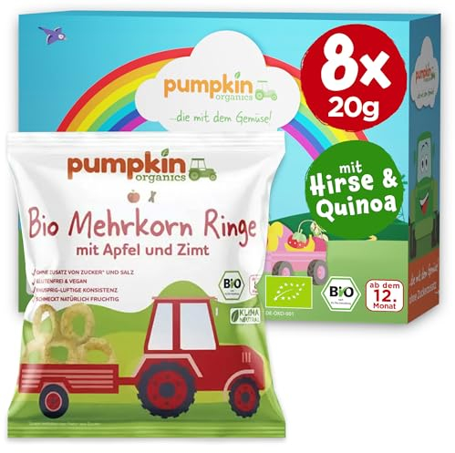 Pumpkin Organics Kindersnack Bio Mehrkorn Ringe Apfel und Zimt (8er Pack) Baby- und Kindersnacks ohne Zusatzstoffe ab dem 8. Monat - allergenfreie² und glutenfreie³ Knuspersnacks für Kinder (8x20g)