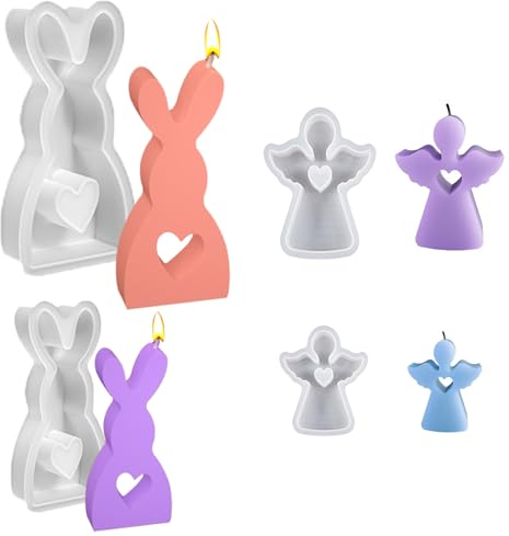 3D Kaninchen Kerze Silikonform Gips, 4 Stücke Ostern Gießform, Engel Kerzenform, Osterhase Kerzenhalter, 3D Hasenform für Ostern