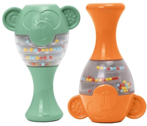 Chicco Äffchen Marakas Eco+, Klangspiel aus recyceltem Kunststoff, 2 farbige Marakas zum Greifen, Schütteln und Spielen, Spielzeug für Kinder von 6-36 Monaten