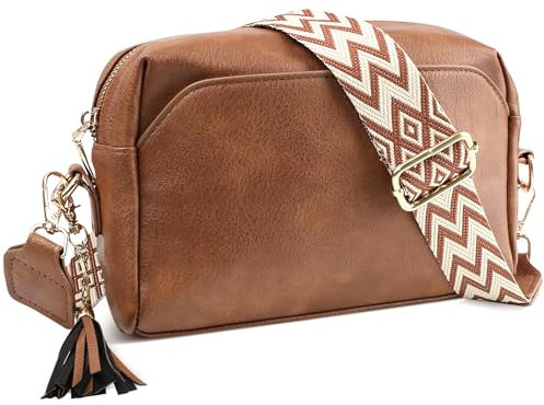 ferlord Umhängetasche Damen Leder, Crossbody Bag Breiter Gurt Stylisch Bauchtasche Damen mit 3 Fächern, Klein PU Leder Handtasche Damen Umhängetasche mit Breitem Schultergurt Elegante