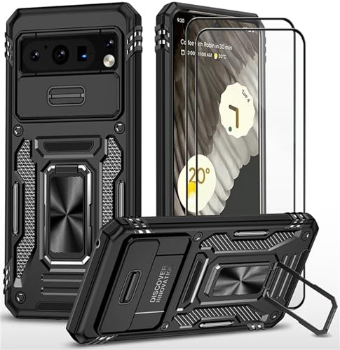 CLYDITE Cover per Google Pixel 8 Pro Nero Custodia con Vetro Temperato [2 Pack] Fotocamera Slidable Antiurto Custodia Antiurto Grado Militare 360° Ring Supporto Silicone Custodie