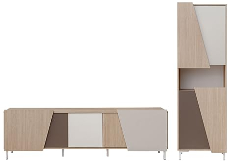 Feldmann Preiswert Wohnen Wohnwand Viste Anbauwand 2-teilig Standvitrine Scandi Trüffel Taupe Weiß Hochglanz