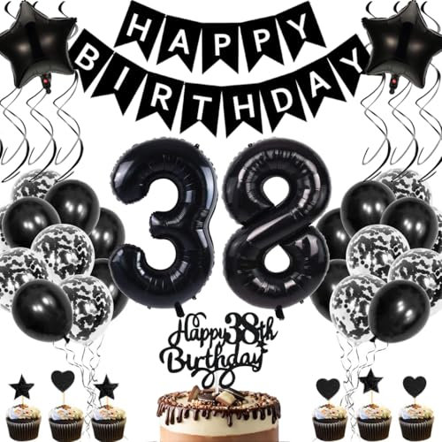 Anlgdi Geburtstagsdeko 38 Jahre Mann Frau, Luftballons 38. Geburtstag Dekoration, Schwarz Tortendeko Geburtstags 38 Jahre Frauen, Folienballon Zahl 38 Schwarz, Deko 38. Geburtstag Männer