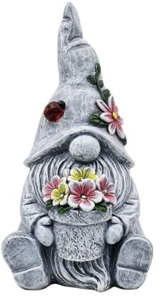 Yeomoo Gartenzwerge Solar Figuren für Außen Gartendeko: Lustig Gartenzwerg mit Blumen Solarlampen Deko Geschenke für Frauen Männer Mum Geburtstagsgeschenk Garten Balkon Terrasse Deko Wohnzimmer Grau