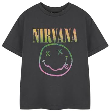 Nirvana Regenbogen Kinder T-Shirt | Graues Regenbogen-Logo-Grafik-T-Shirt | Kurzarm-Unisex-Shirt für Kinder | Rockband-Merchandise | Jugend-Grunge-Mode-Top für Kinder und Jugendliche