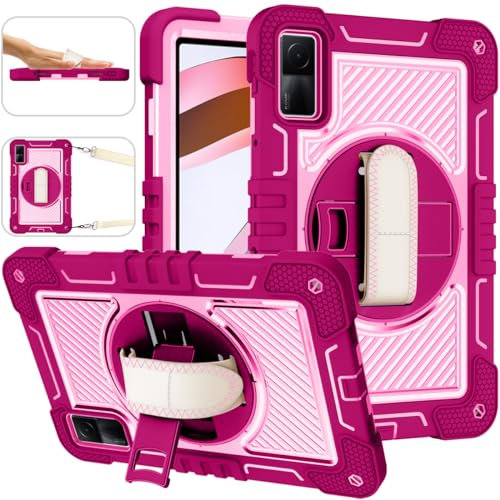 ERDARARIPRO Funda para tablet Xiaomi Redmi Pad 10,61 pulgadas, bonita funda de dibujos animados a prueba de golpes con soporte giratorio 360° y correa de mano, correa de hombro, color rosa y rosa