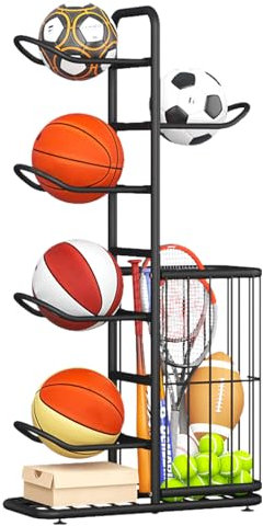 ZPONEED Ballständer Basketball Aufbewahrungsregal Für Sportgeräte, Ballregal, Abnehmbares Standing Rack Halter with 5 Ball Ständer Und Körben, Basketballkorb für Rugby Volleyball Fußball Display