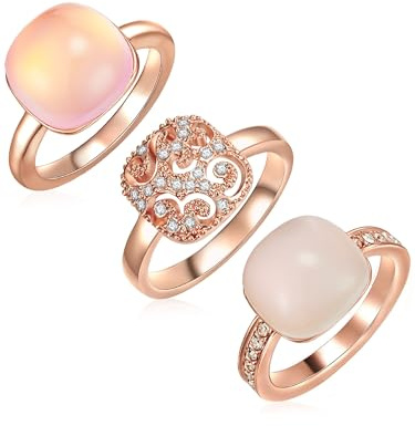 Lulu & Jane Damen Set (Ring 3er) Metall-Legierung roségold | rosévergoldet 14 Karat, Modeschmuckring, verziert mit Kristallen, weiß