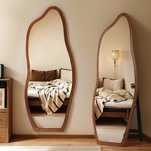 HAOKKV Miroir De Sol Pleine Longueur 40 * 120cm, Décoratif Irrégulier avec Cadre en Bois, De Toilette et Mural - Peut Être Appuyé ou Collé Au Mur (Walnut)
