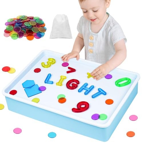 Vicloon Light Box Blau mit 151 Bunte Buchstaben, Zahlen, Rechensymbole und Geometrie, Sensorisches Spiel für Kinder ab 3+, Leuchttisch für Kinder, 10 Stufige Dimmung, Zählen und Buchstabieren üben