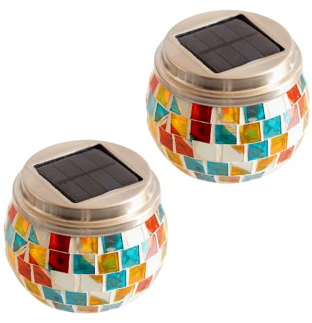 Garden Mile Tarro de cristal de mosaico colorido, luces LED solares de jardín con sensor automático, luces para exteriores, mosaico, luces de patio, bolas de cristal para decoración de patio (2 tarros