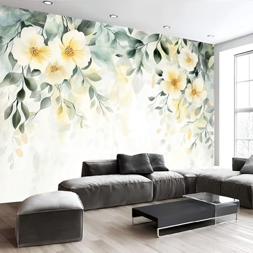 Acquerello 3D Carta da Parati In Tessuto Di Seta, Giallo E Bianco Fiori Quadri Murali Fotomurale, 400Lx280A Cm Decorazione Murale Soggiorno Camera da Letto Cameretta Dei Bambini