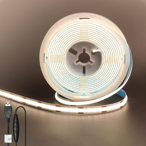 Clearhill 5V 8mm Width USB COB LED Strip Lights with Dimmable Switch,Natural White 4000K,320LEDs/M,8W/M,CRI90,16.4FT/5M,Electroplated Double-sided Panel Light Strip,IP20,for Indoor Decoration