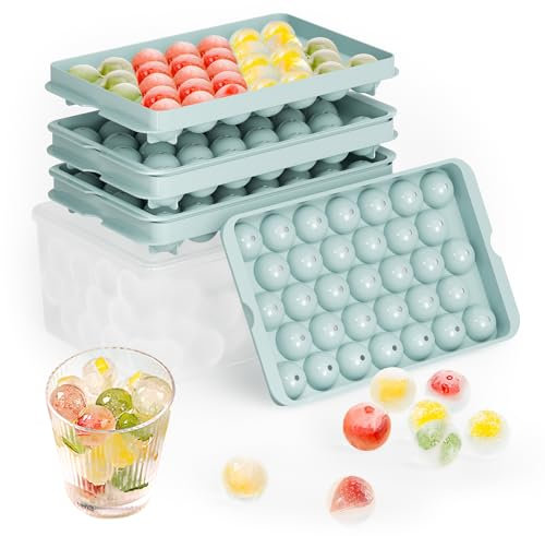 Round Ice Cube Trays with Lid and Storage - 3 Stackable Trays Small Ice Maker Moulds for Freezer, 99pcs Round Ice Balls for Chilling Whiskey, Cocktails, Coffee - Easy-Release Sphere Ice Tray