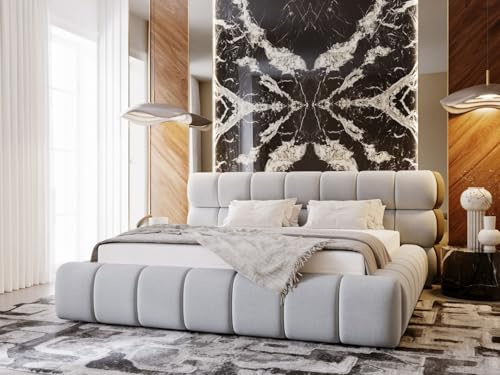 GRAINGOLD Mellow Bett 180x200, Polsterbett mit Bettkasten, Polsterbett mit Stauraum, Samt, mit Lattenrost, mit Kopfteil, ohne Matratze (Hellgrau, 180x200)