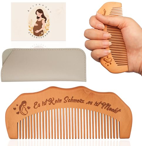 Peigne Accouchement en Bois de Pêche – Peigne en Bois Naturel pour Soulager la Douleur – Cadeau pour Femme Enceinte avec Pochette et Carte